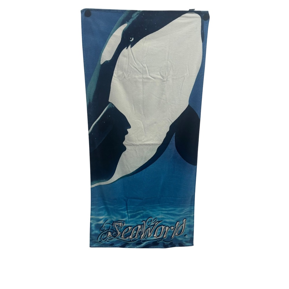 Vintage SeaWorld Shamu Orca Whale Beach Towel Blue 100% Cotton Made in Brazil